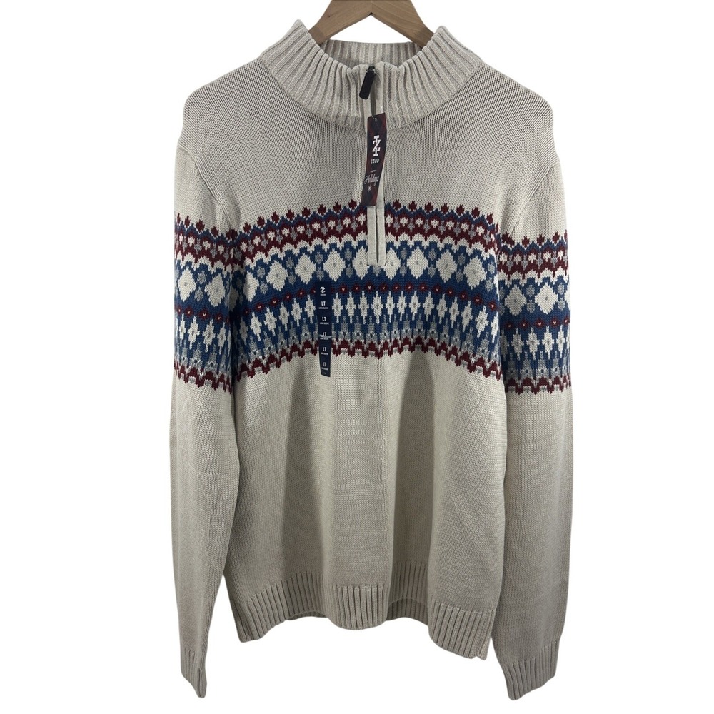 Izod Men LT Cream Knit Pullover Sweater 1/4 Zip Holiday Fair Pattern NWT